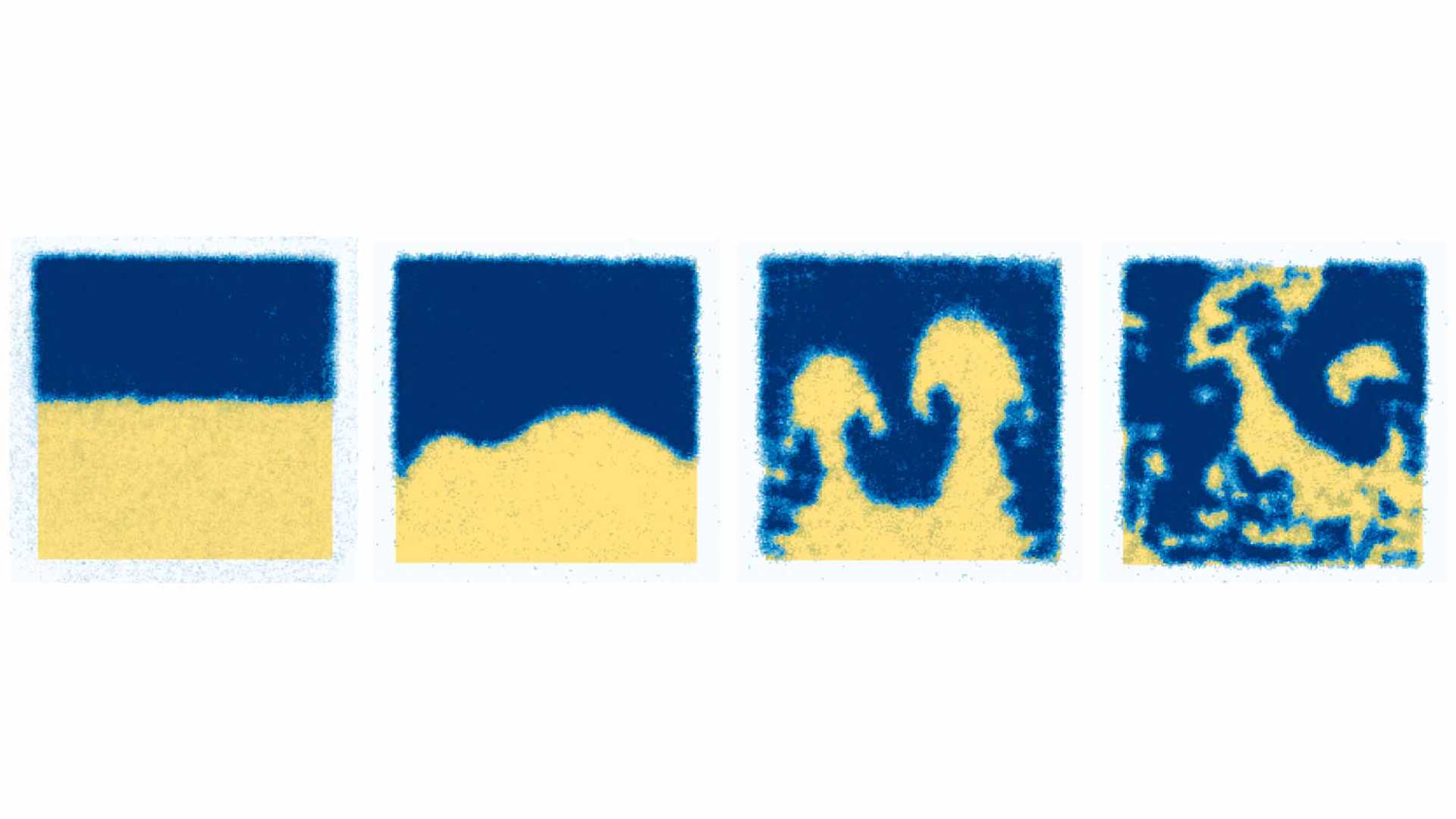 Four squares in a row with the top half blue and bottom half yellow. In the leftmost the interface is smooth. The next interface is two smooth curves. The next interface is two mushroom cloud shapes. The final has no clear interface and shows random swirls and islands of yellow in the blue.
